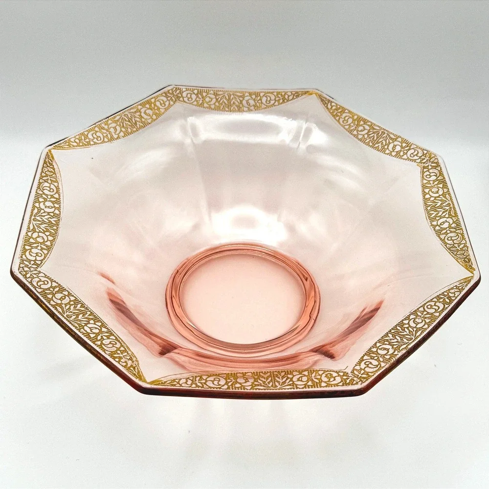Vintage Pink Depression Glass Octagonal Bowl Gold Encrusted Floral Art Deco Lux